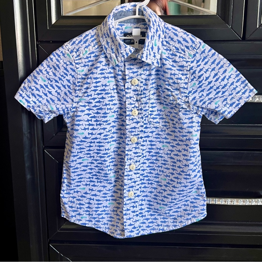 OshKosh B'gosh Blue & White Shark Print Nautical Button Down Shirt